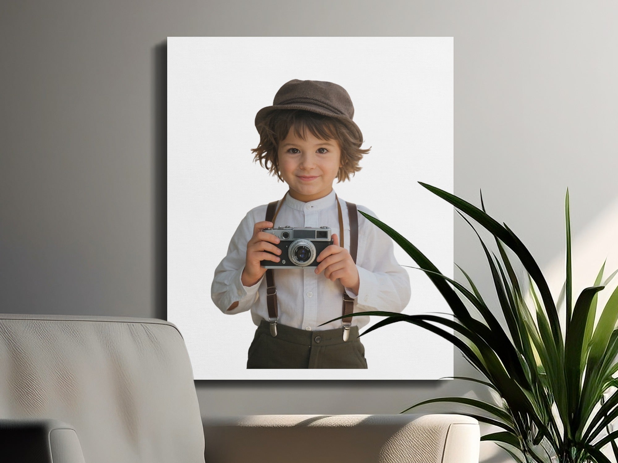 Boy in hat and suspenders holds vintage camera, on canvas.