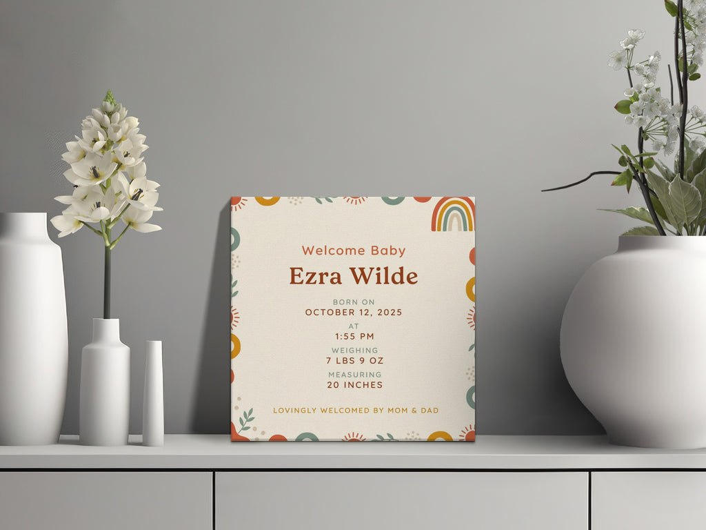 Baby Ezra Wilde welcome sign: Born October 12, 2025, 7 lbs 9 oz, 20 inches.