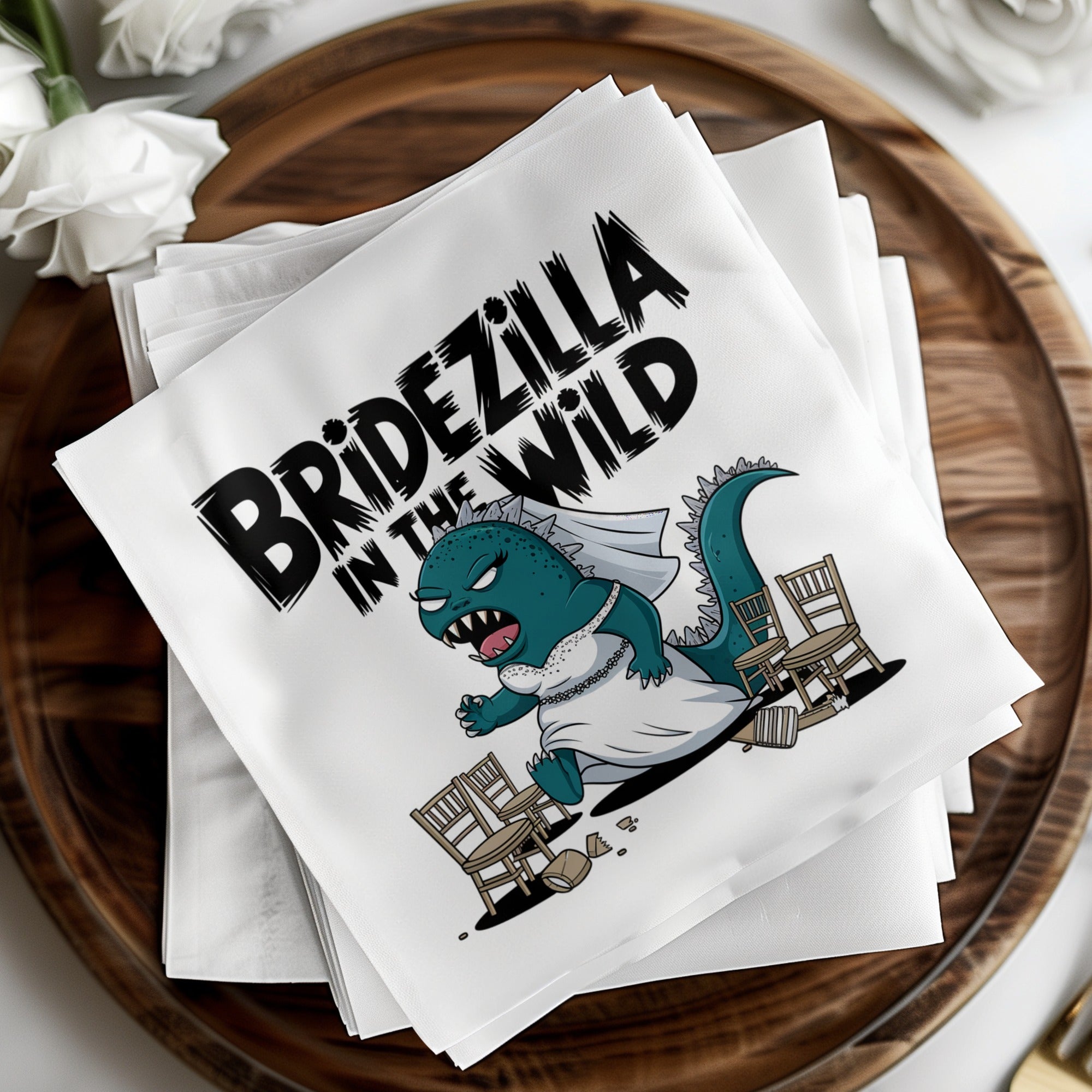 Bridezilla in the Wild wedding napkin with cartoon monster and overturned chairs.