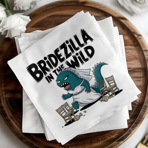 Bridezilla in the Wild wedding napkin with cartoon monster and overturned chairs.