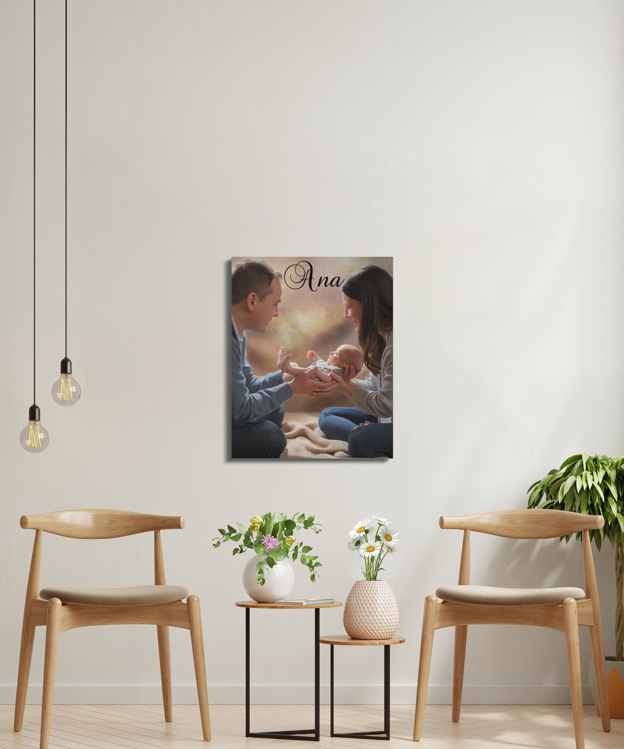 Couple holding newborn baby on a canvas print.