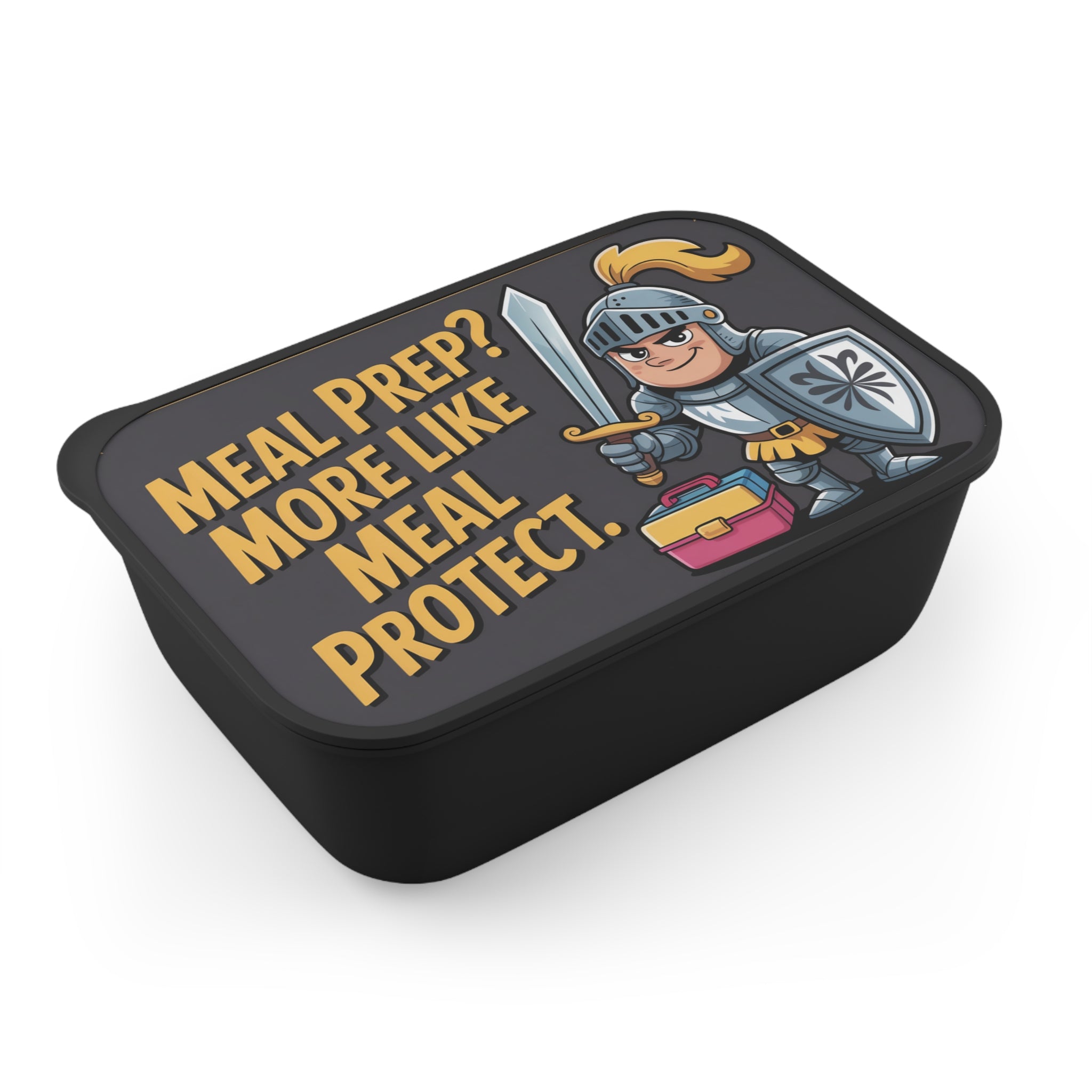 Knight in armor with lunchbox, promoting meal prep.