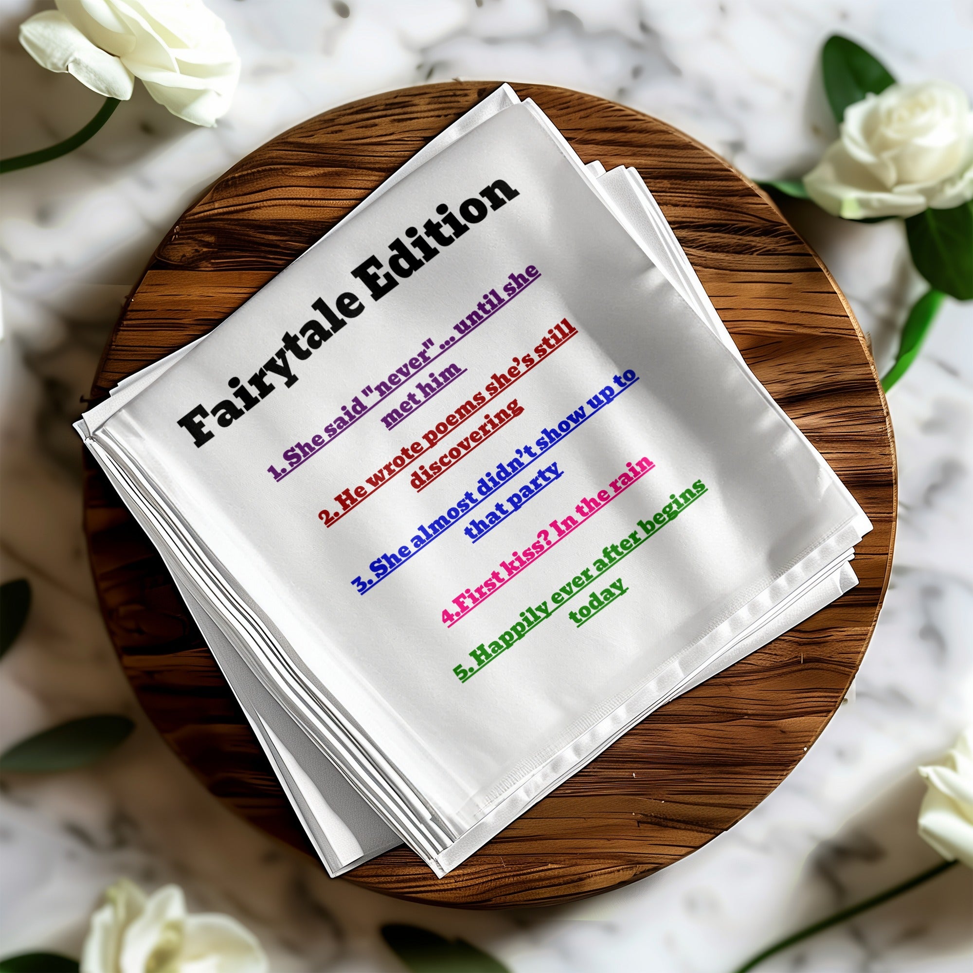 Fairytale Edition newspaper with five numbered romantic quotes.
