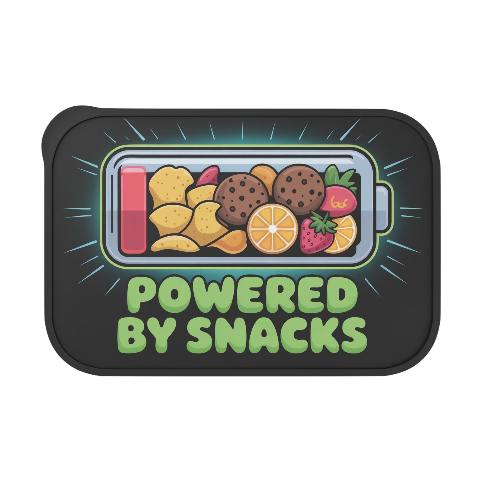 Battery icon filled with snacks and text "POWERED BY SNACKS".