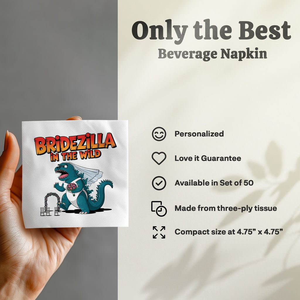 "BRIDEZILLA IN THE WILD" beverage napkin with dinosaur bride wearing a veil.