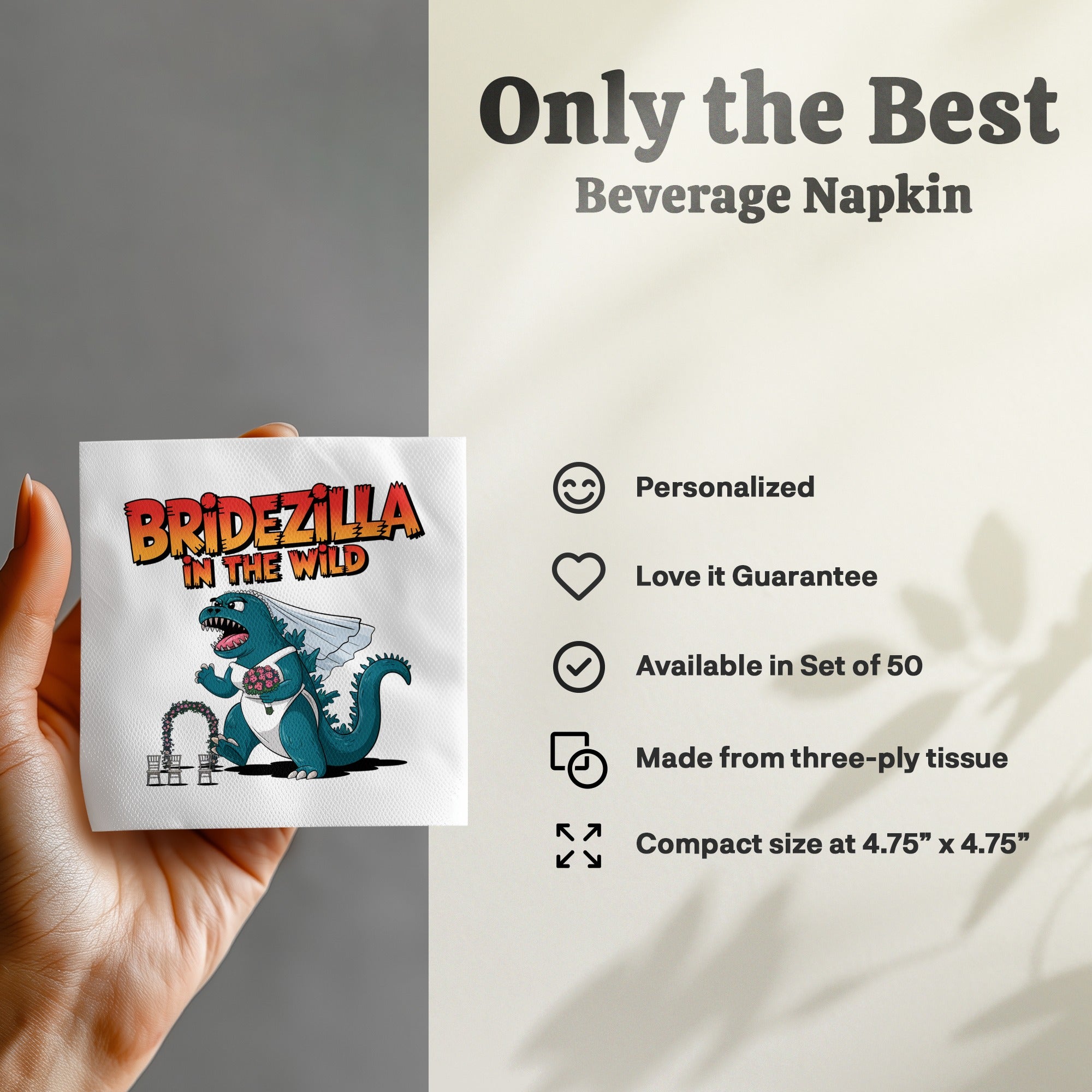 "BRIDEZILLA IN THE WILD" beverage napkin with dinosaur bride wearing a veil.