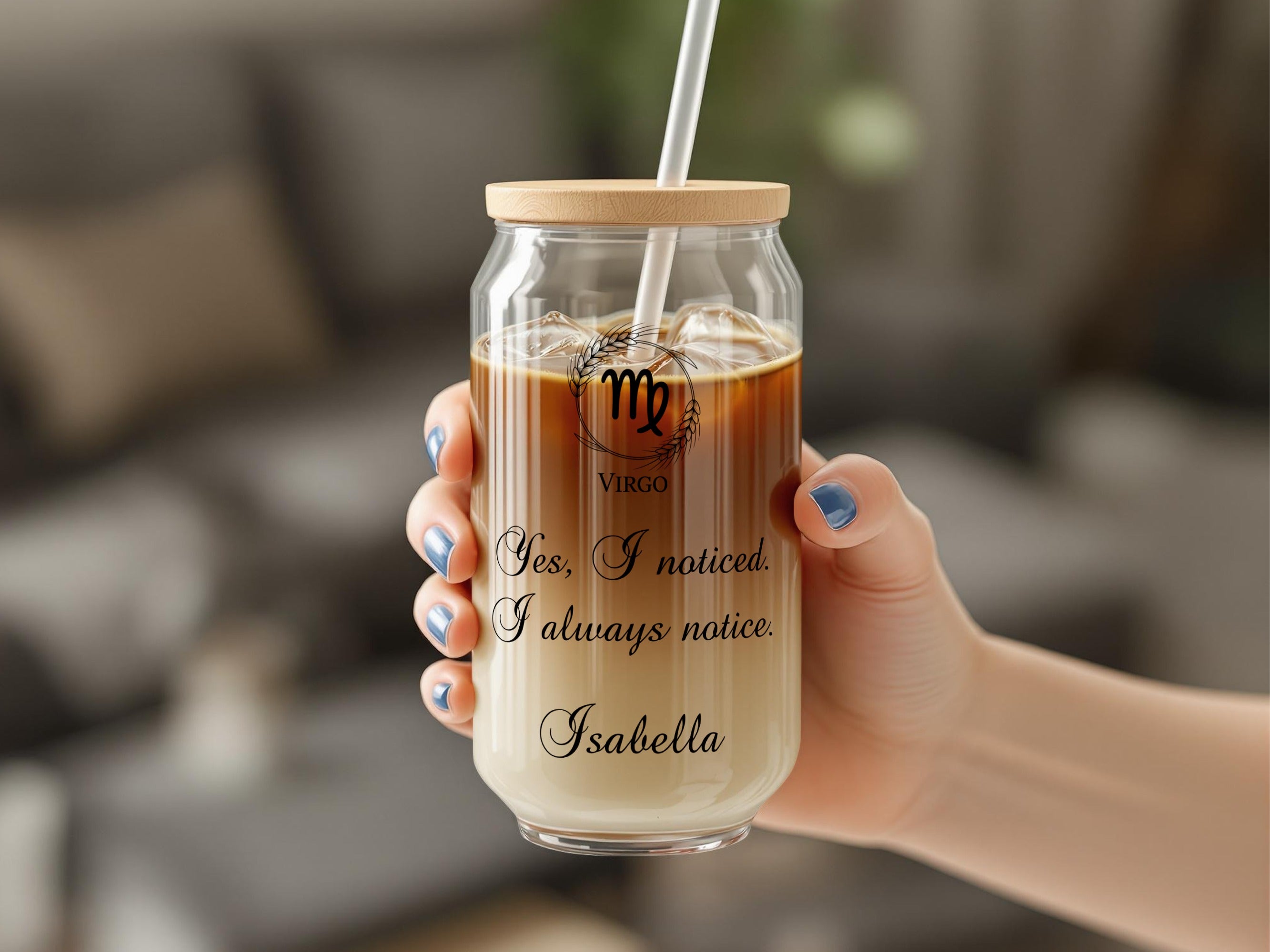 Glass can-shaped tumbler with Virgo constellation and personalized text.