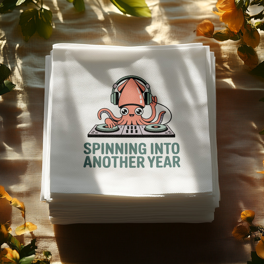 Napkins with a cartoon squid DJ wearing headphones and the text "Spinning Into Another Year".