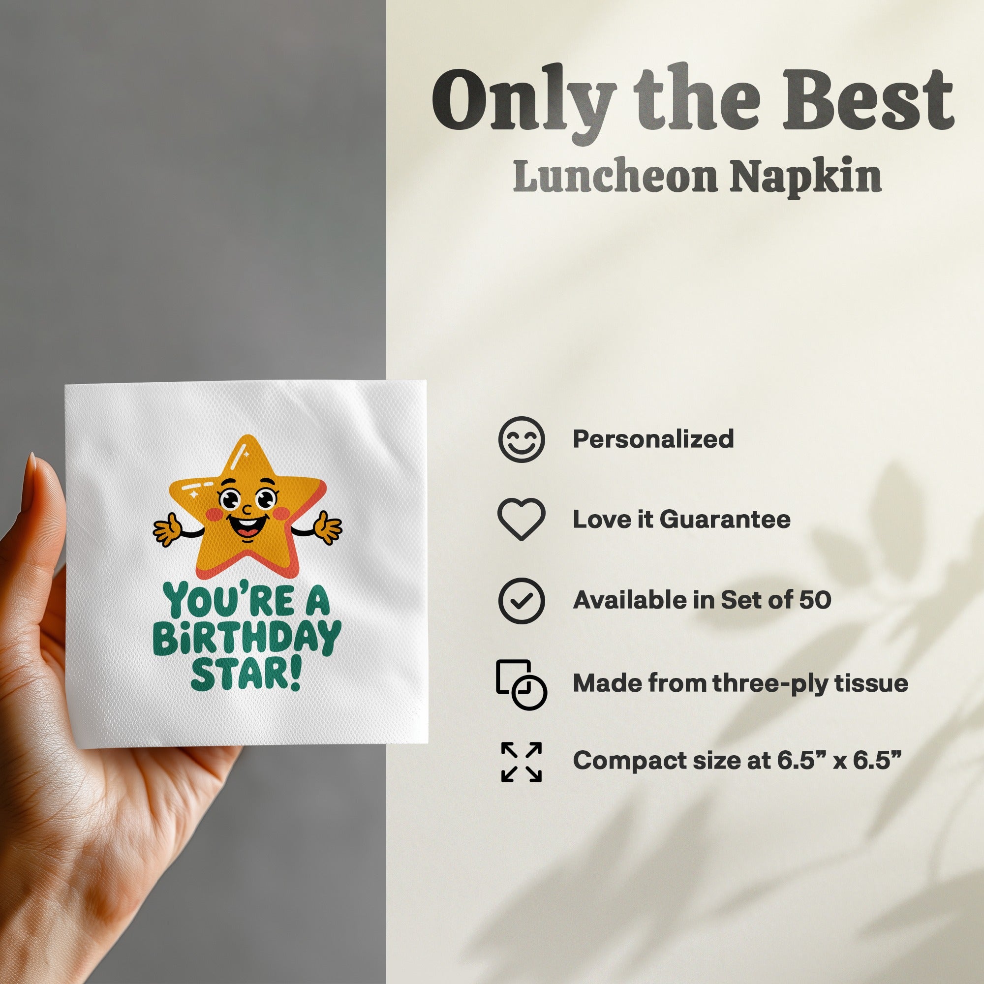 Yellow star with "YOU'RE A BIRTHDAY STAR!" text on a white napkin.