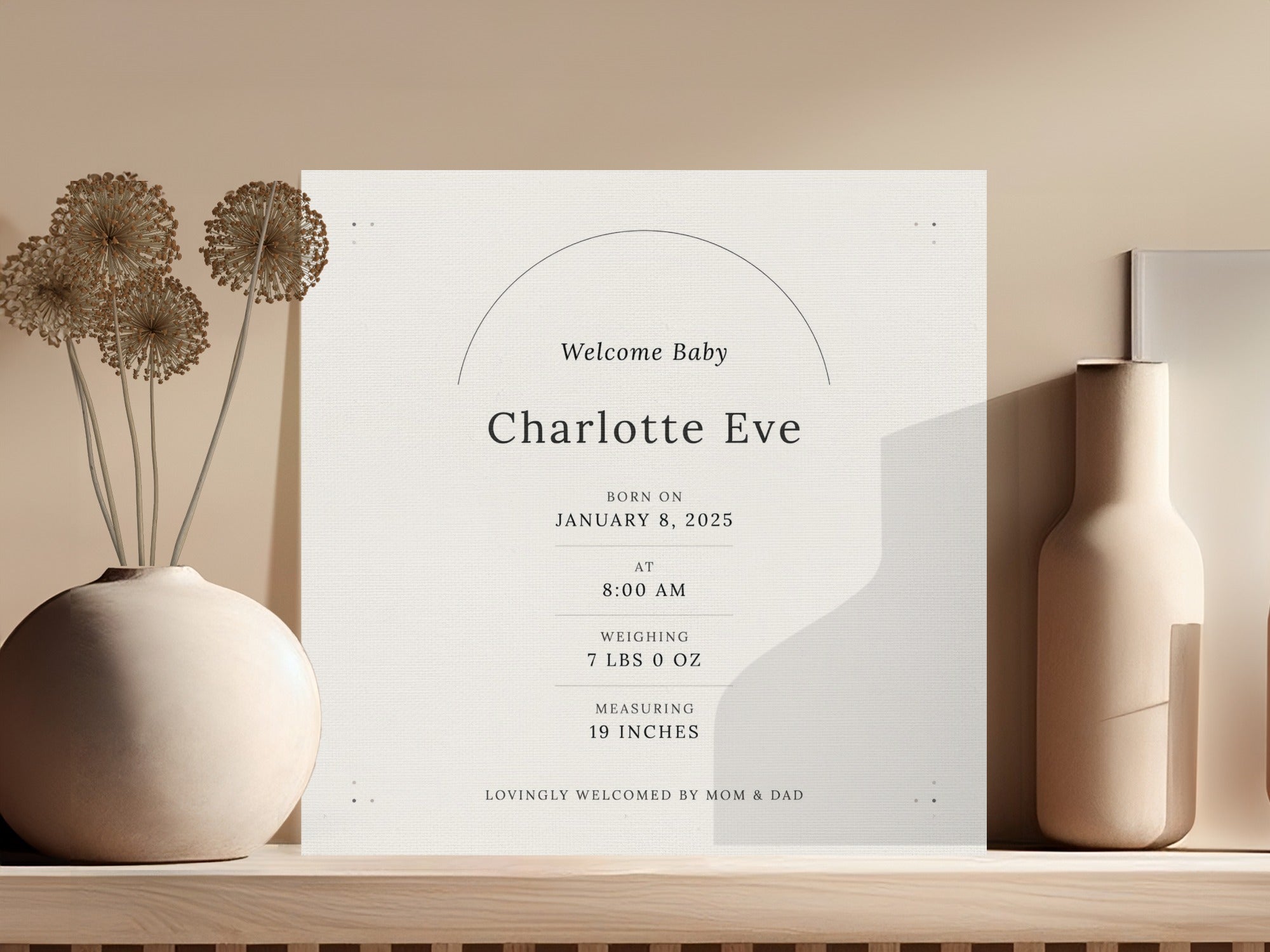 Welcome Baby Charlotte Eve born January 8, 2025, weighing 7 lbs 0 oz.