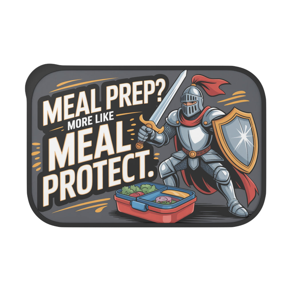 Knight in armor holding shield and sword next to a meal prep lunchbox.