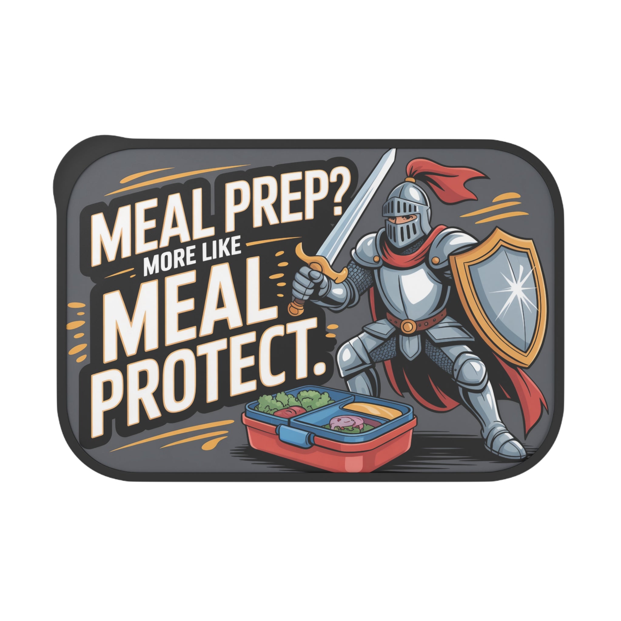 Knight in armor holding shield and sword next to a meal prep lunchbox.