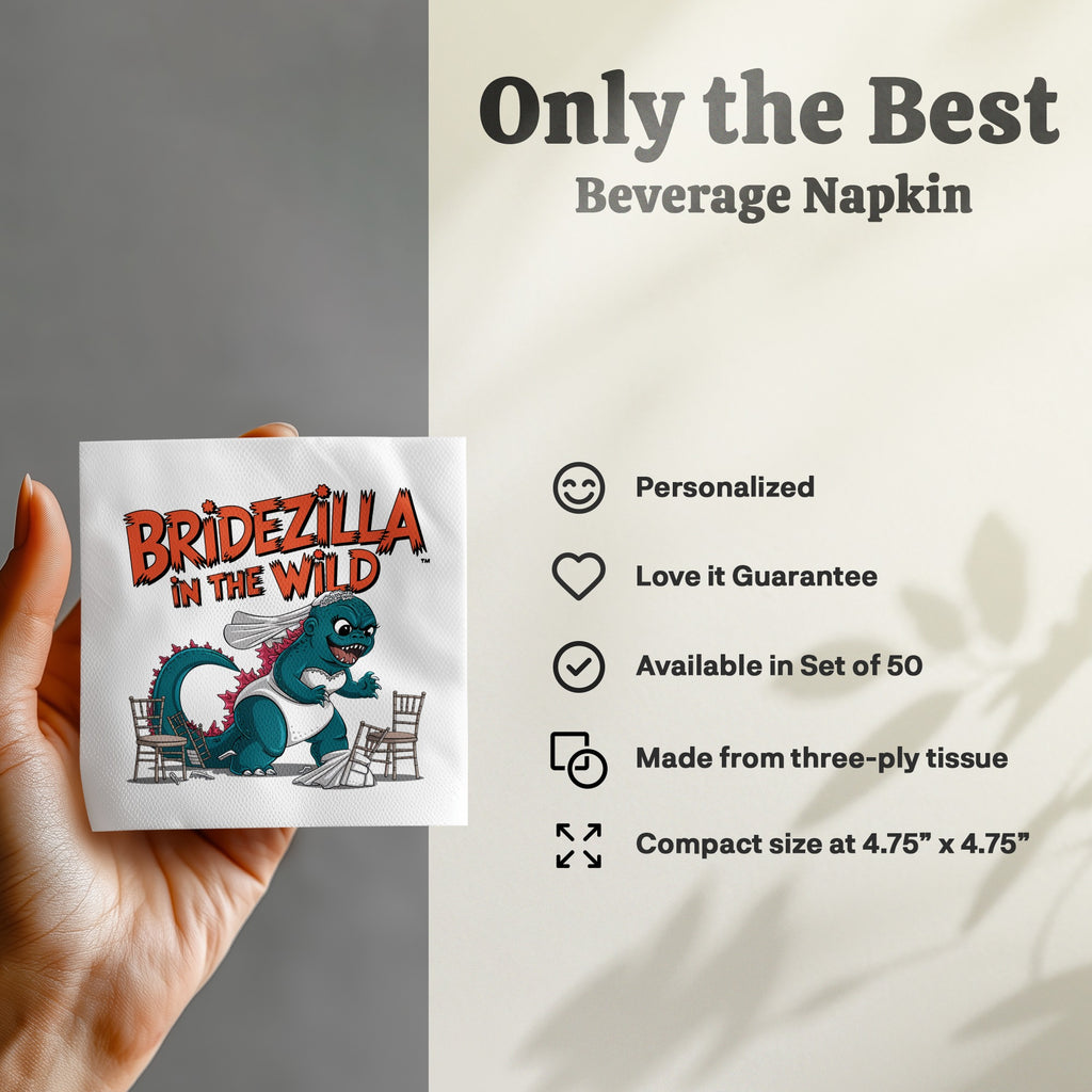 Bridezilla in the Wild beverage napkin with dinosaur design.