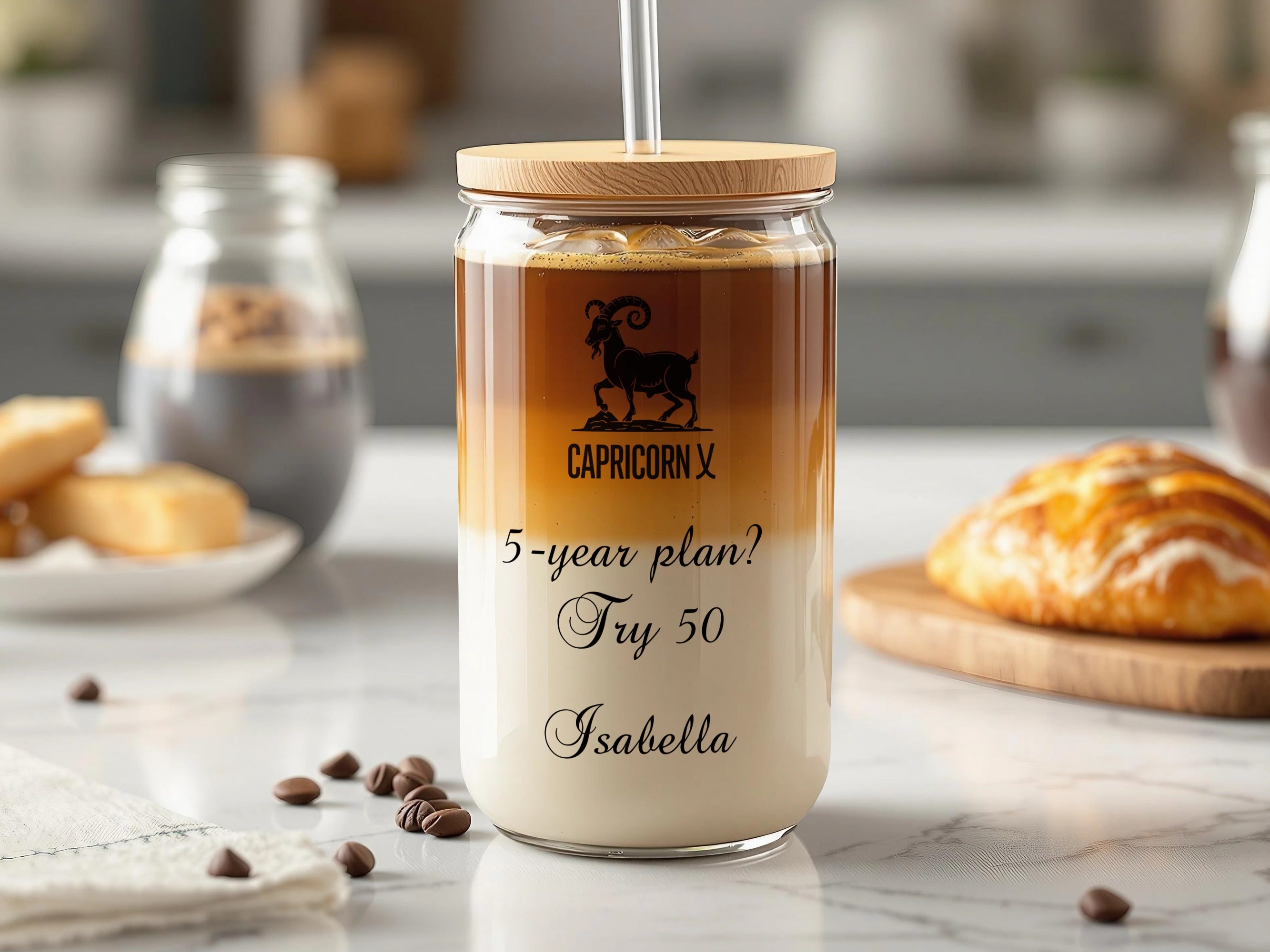 Glass tumbler with Capricorn zodiac sign and text "5-year plan? Try 50 Isabella."