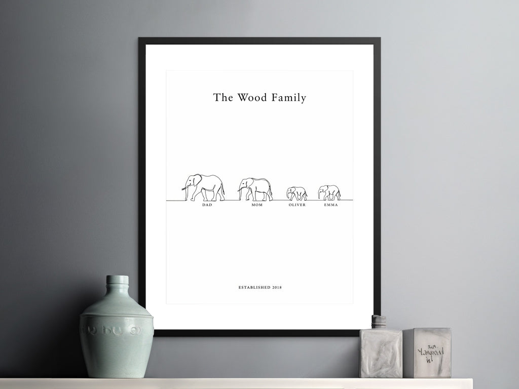 Custom print with line drawing elephants labeled Dad, Mom, Oliver, Emma, and "The Wood Family".