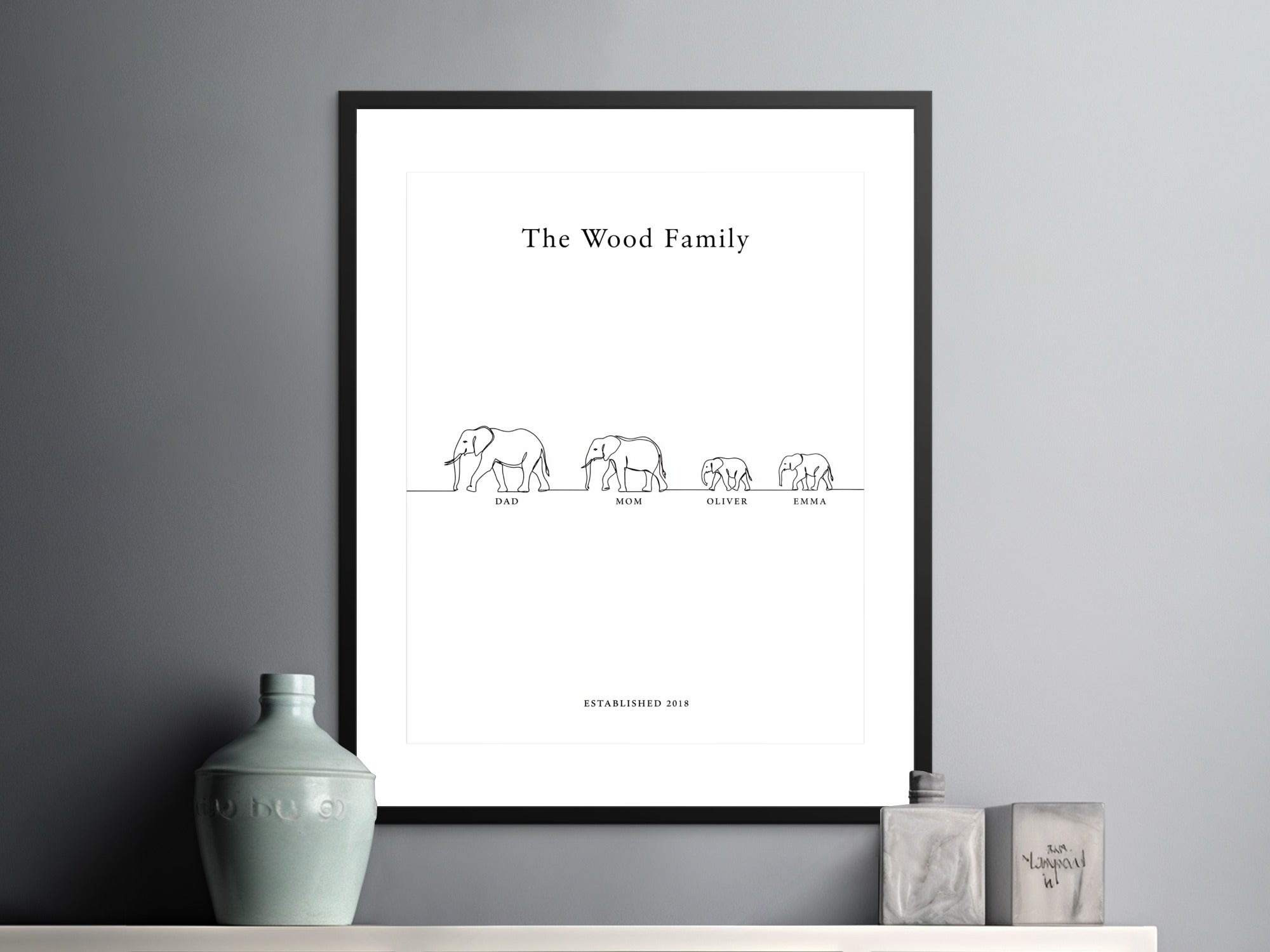 Custom print with line drawing elephants labeled Dad, Mom, Oliver, Emma, and "The Wood Family".