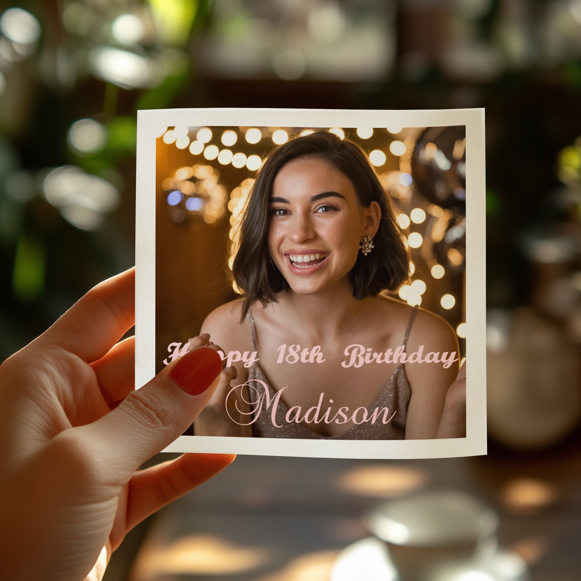 Hand holding a birthday card with "Happy 18th Birthday, Madison" text.