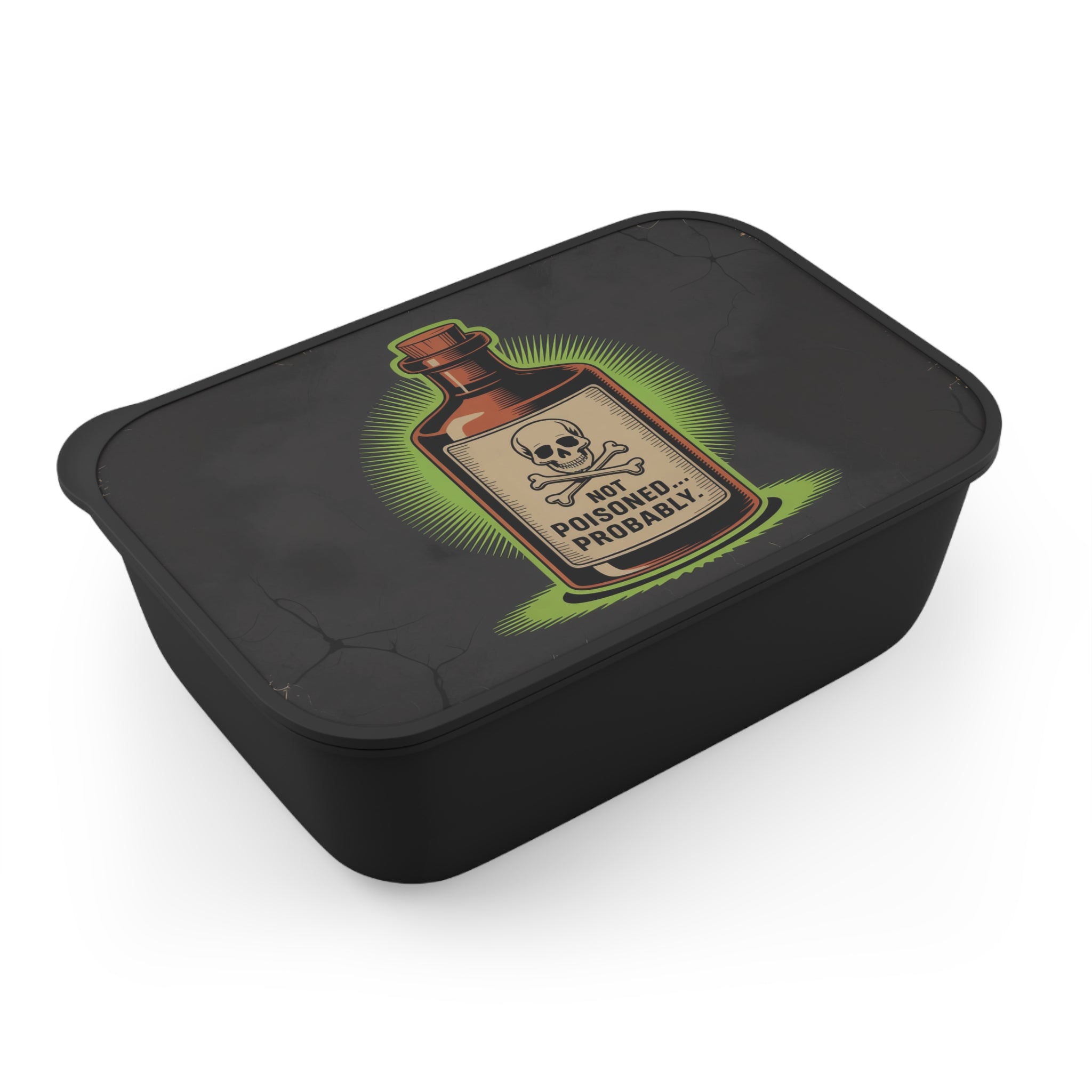Black lunchbox with a "NOT POISONED. PROBABLY." skull and crossbones label.