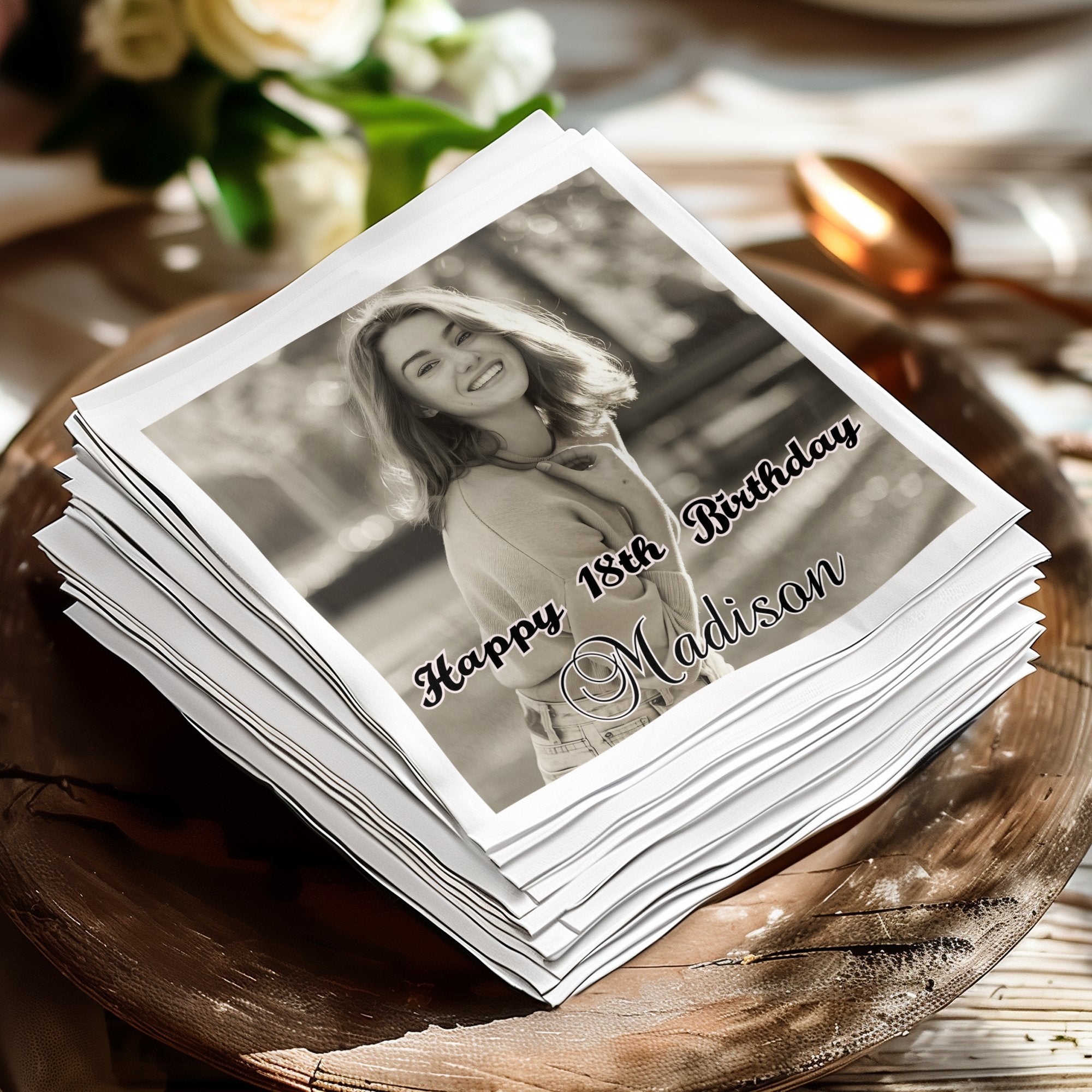 Black and white portrait of a smiling young woman with "Happy 18th Birthday Madison" text.
