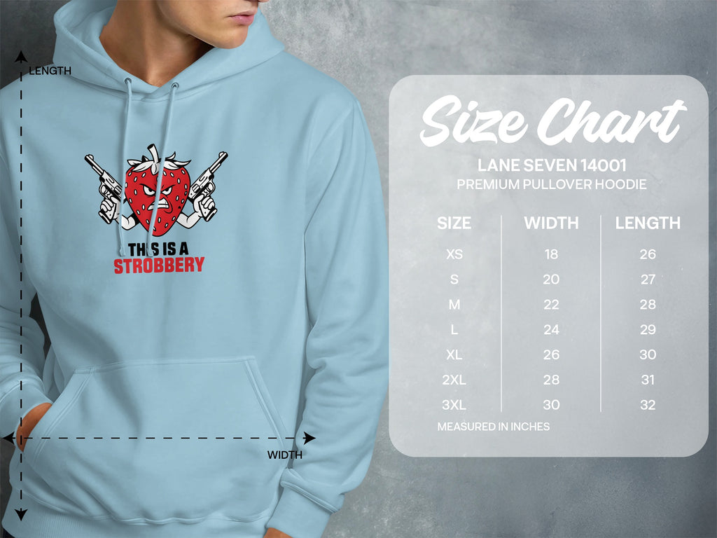 Light blue hoodie with strawberry graphic and size chart.