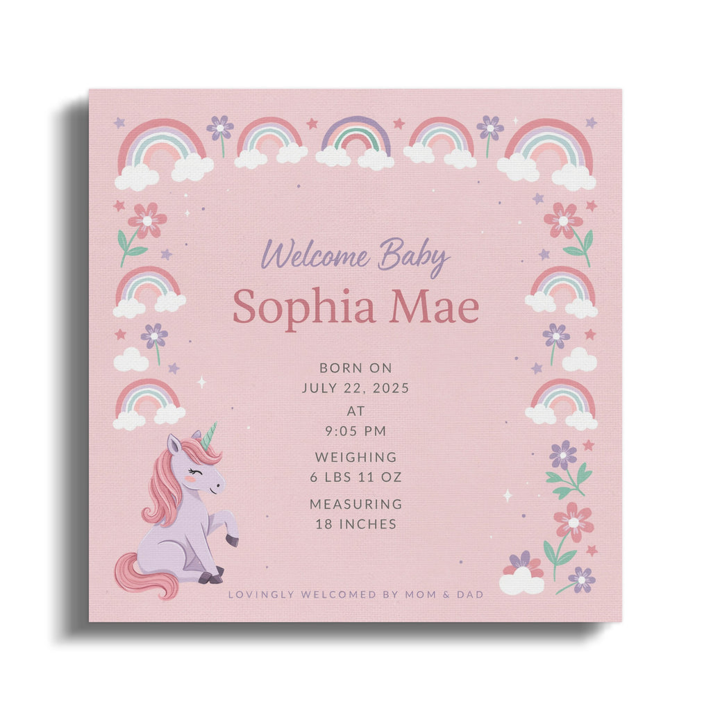 Baby announcement with unicorn, rainbows, flowers, and birth details for Sophia Mae.