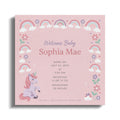 Baby announcement with unicorn, rainbows, flowers, and birth details for Sophia Mae.