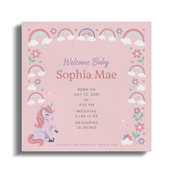 Baby announcement with unicorn, rainbows, flowers, and birth details for Sophia Mae.