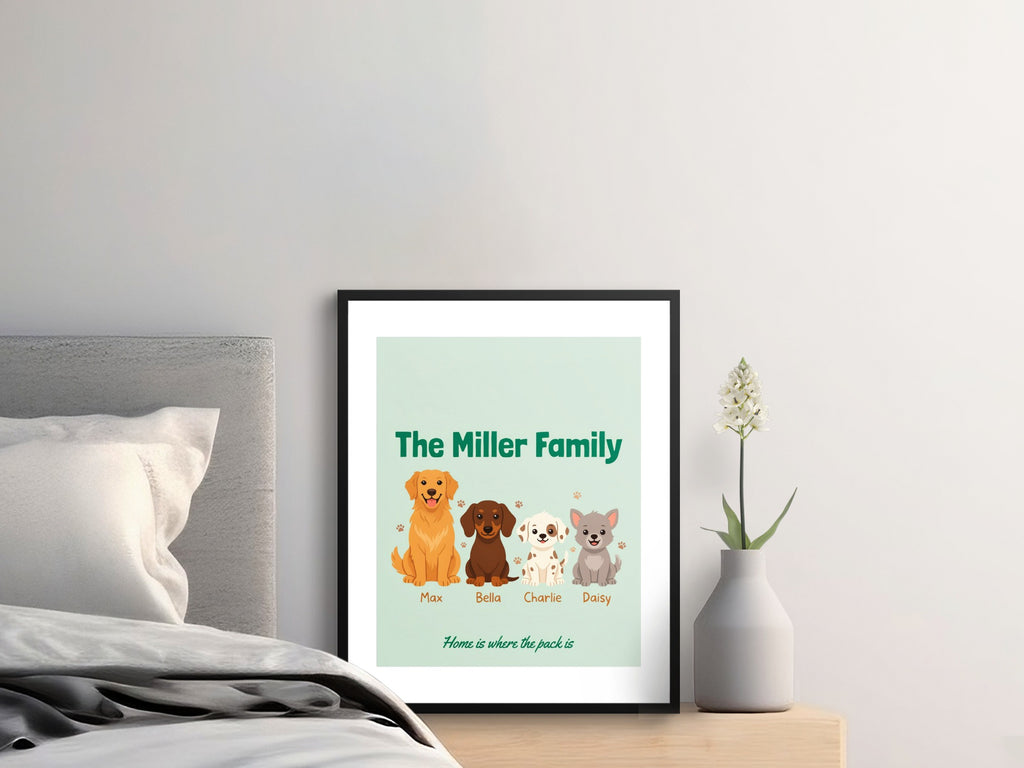 Poster with four cartoon dogs and text "The Miller Family" and "Home is where the pack is".