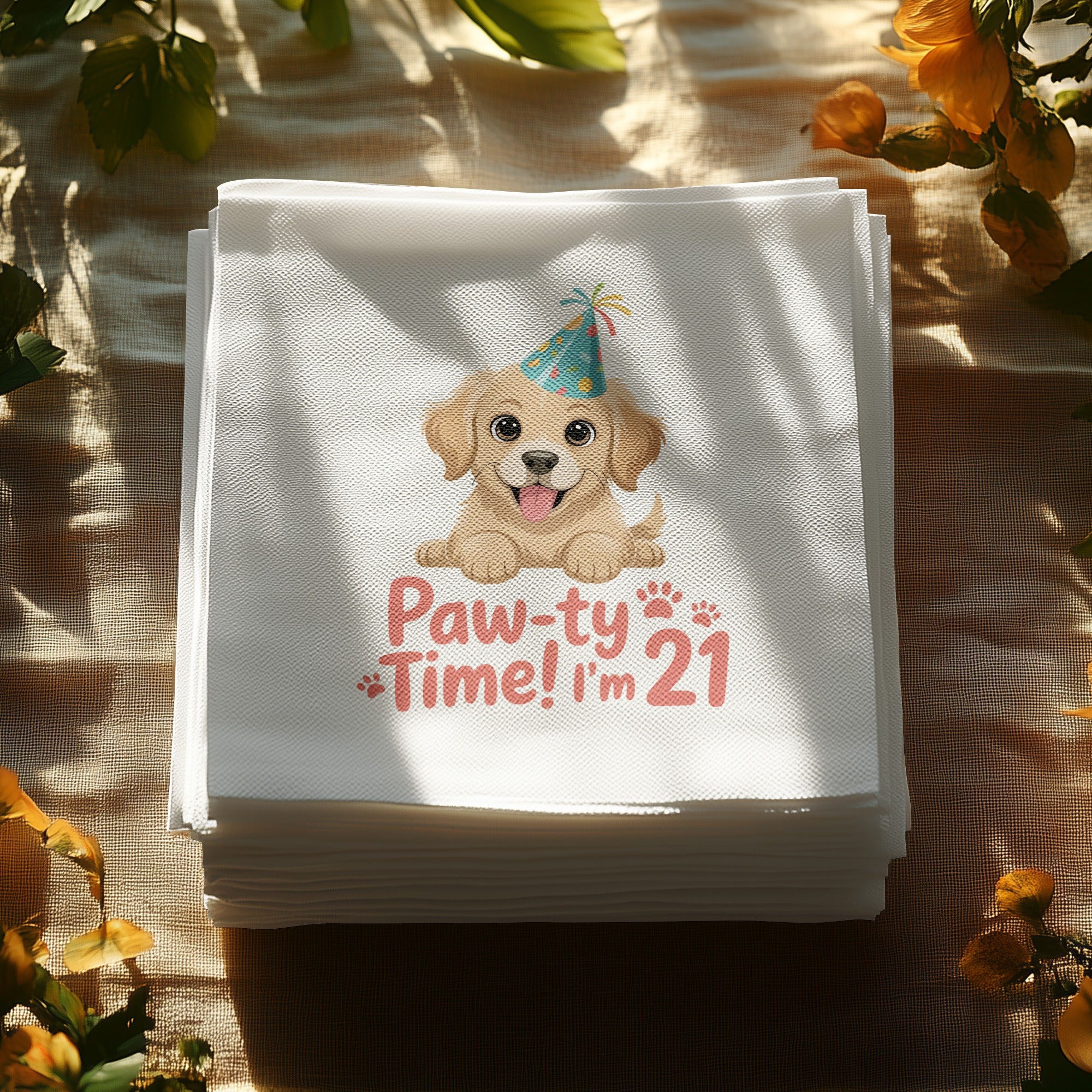Stack of napkins with a puppy wearing a party hat and text "Paw-ty Time! I'm 21".