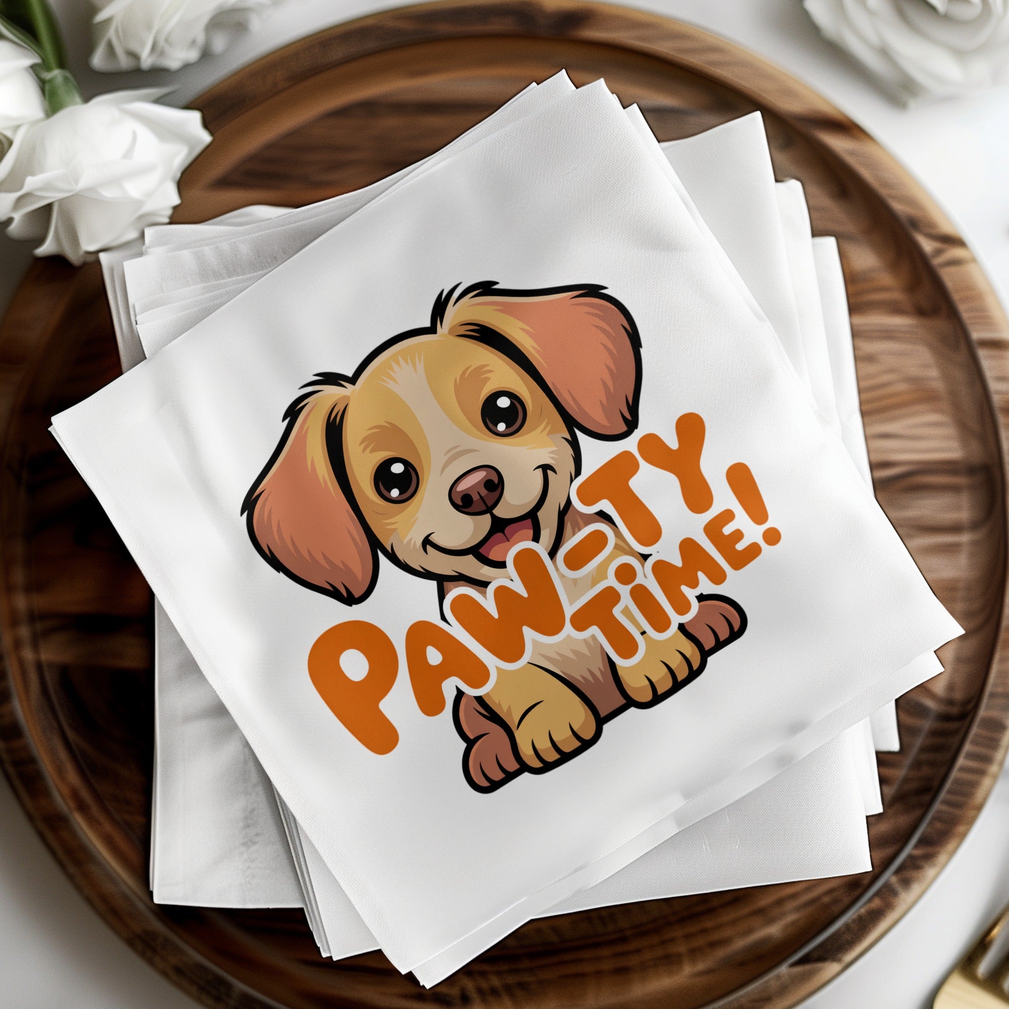 Cartoon puppy on a white napkin that reads "PAW-TY TIME!".