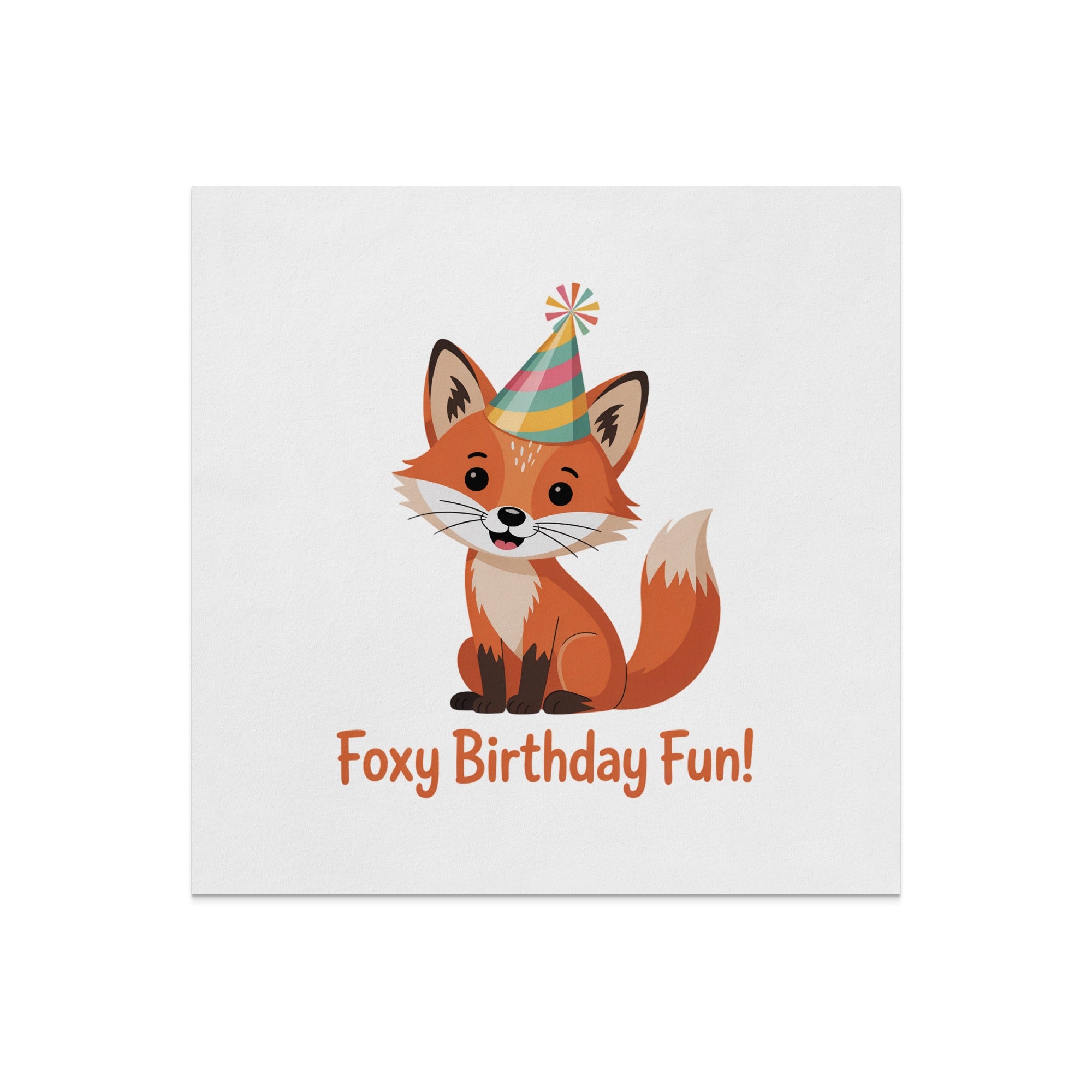 Cartoon fox wearing a birthday hat with text "Foxy Birthday Fun!".