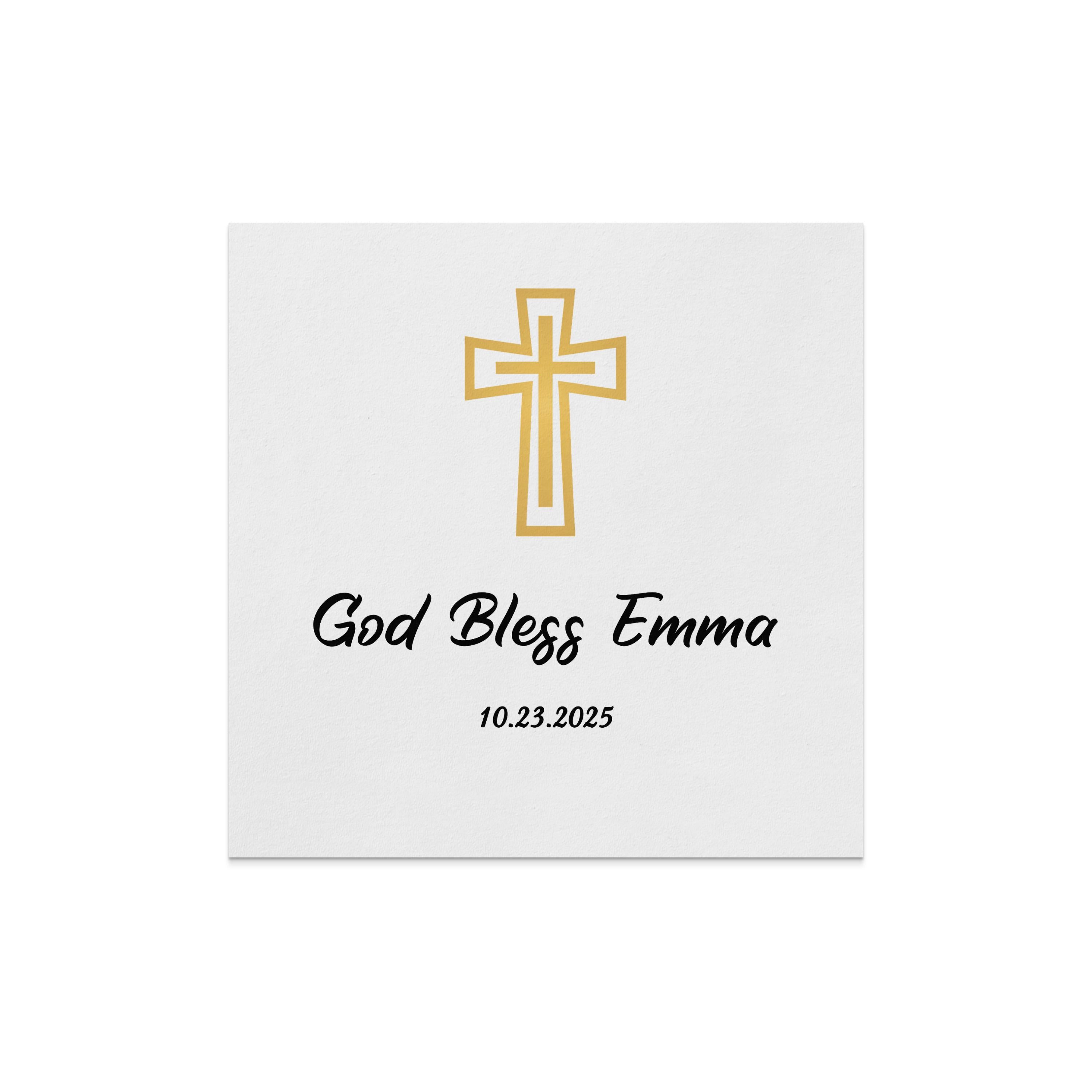Gold cross and "God Bless Emma" with date 10.23.2025.