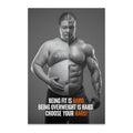 Split image showing overweight man on left, muscular man on right, with text.