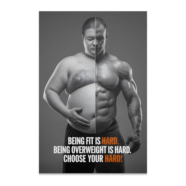 Split image showing overweight man on left, muscular man on right, with text.