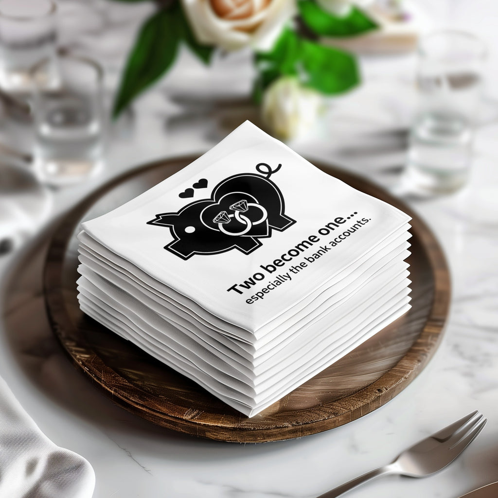 Stack of white napkins with a piggy bank and coin graphic and text.