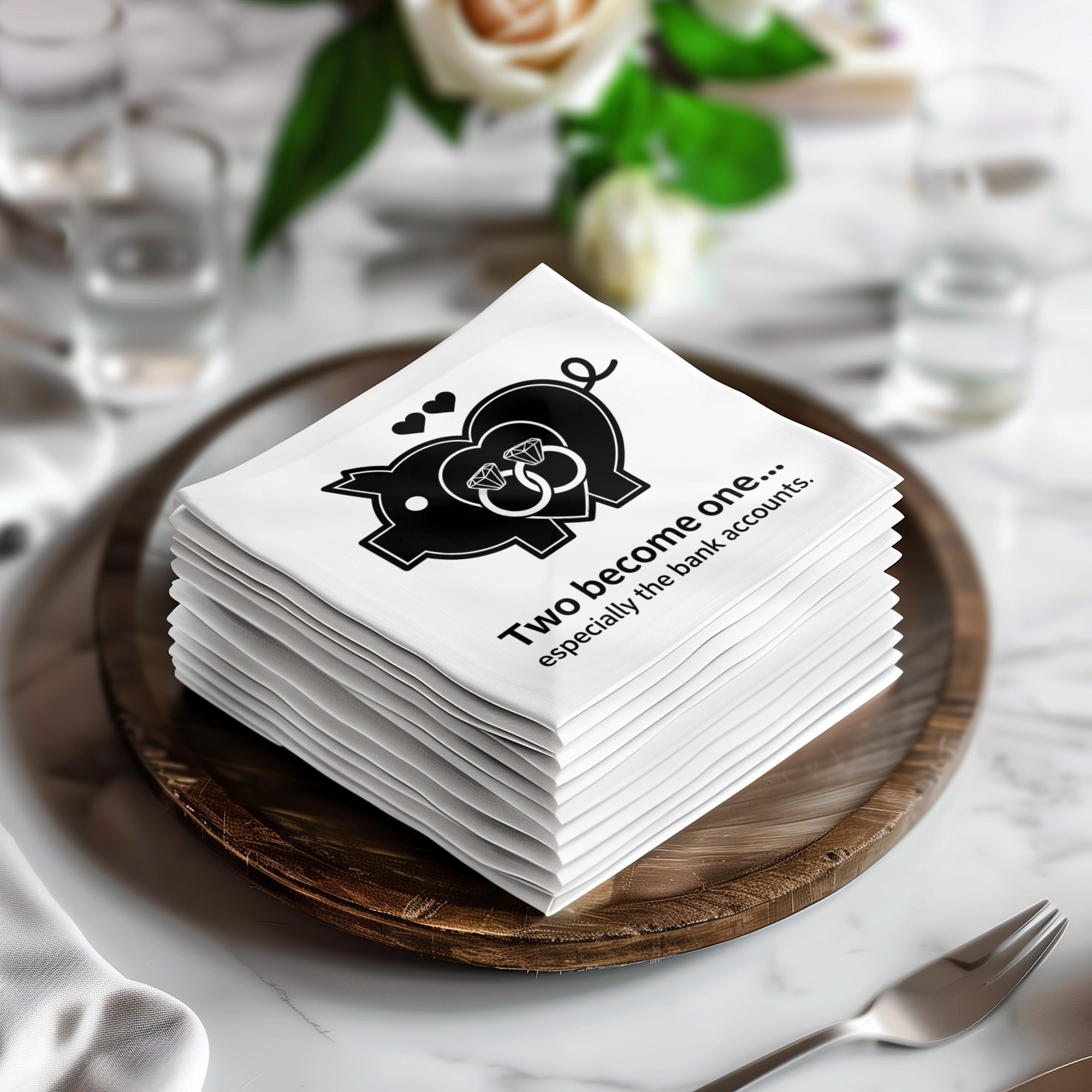 Stack of white napkins with a piggy bank and coin graphic and text.