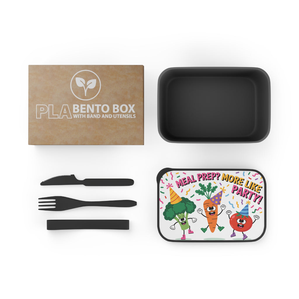 PLA Bento Box with utensils, featuring cartoon broccoli, carrot, and tomato with text.