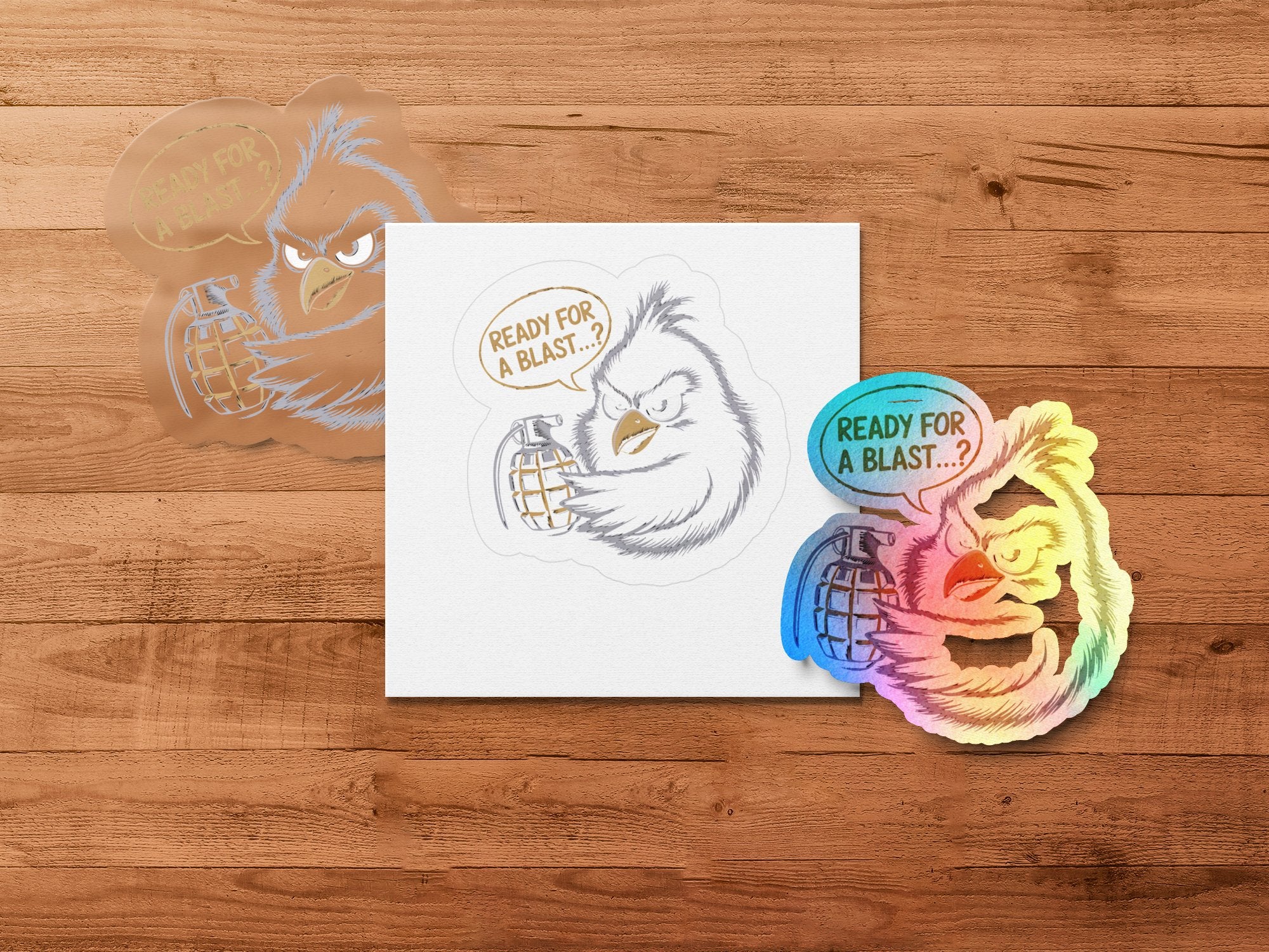 Grumpy cartoon bird holding a grenade with "READY FOR A BLAST...?" text.