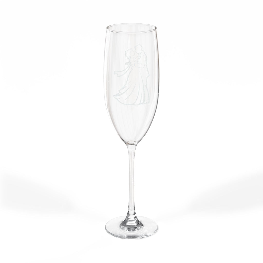 Engraved champagne flute with a silhouette of a dancing couple.
