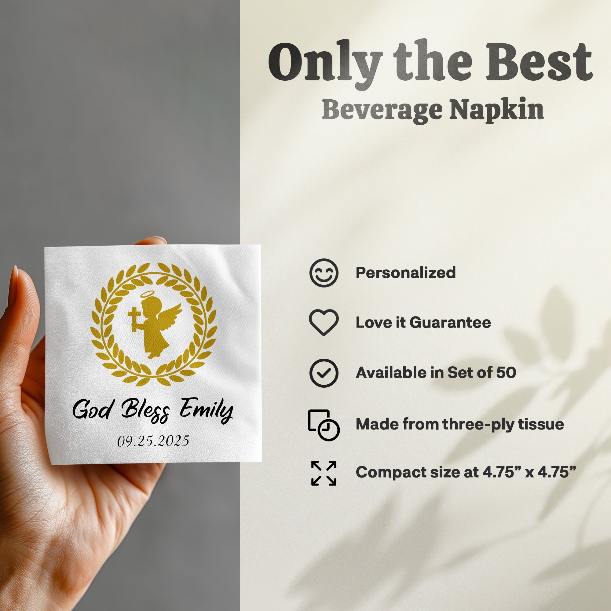 Gold angel emblem and text on white beverage napkin for God Bless Emily.