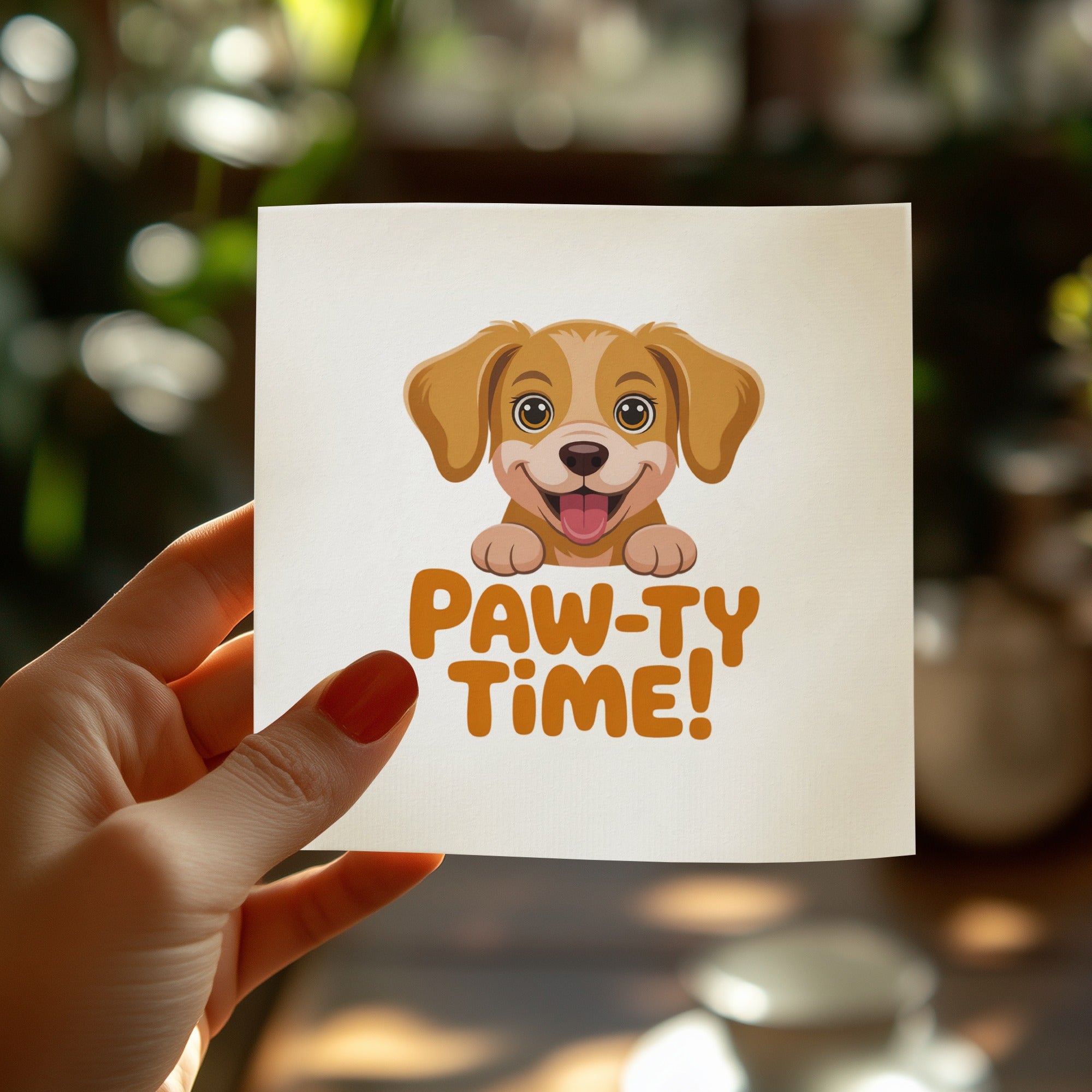 Cartoon dog with text "Paw-ty Time!" on a white card held by a hand.