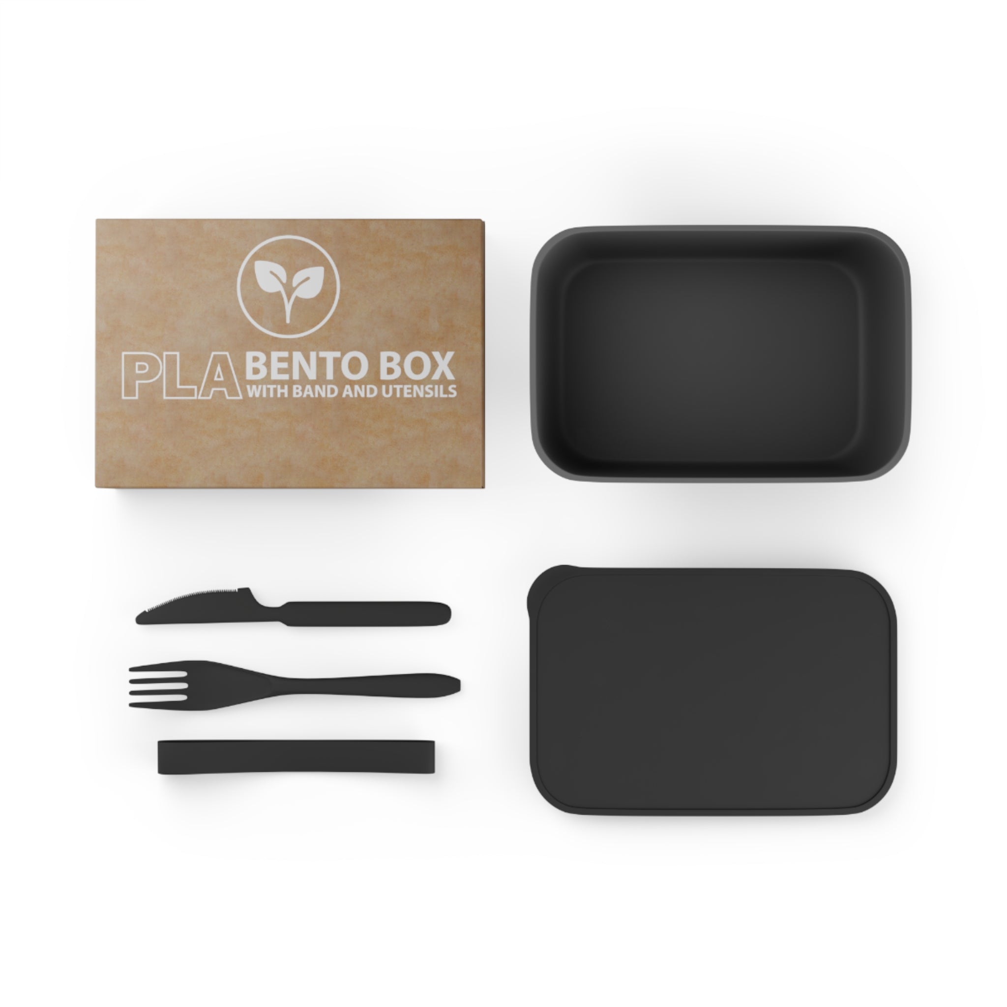 Brown PLA Bento Box with black lid, knife, and fork on white background.