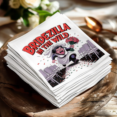 Bridezilla in the Wild cartoon on stack of napkins, wedding theme.