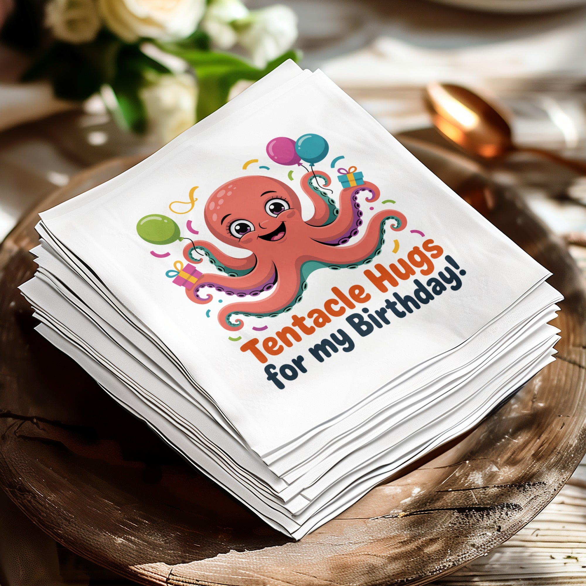 Napkins with a smiling octopus holding balloons and text "Tentacle Hugs for my Birthday!"