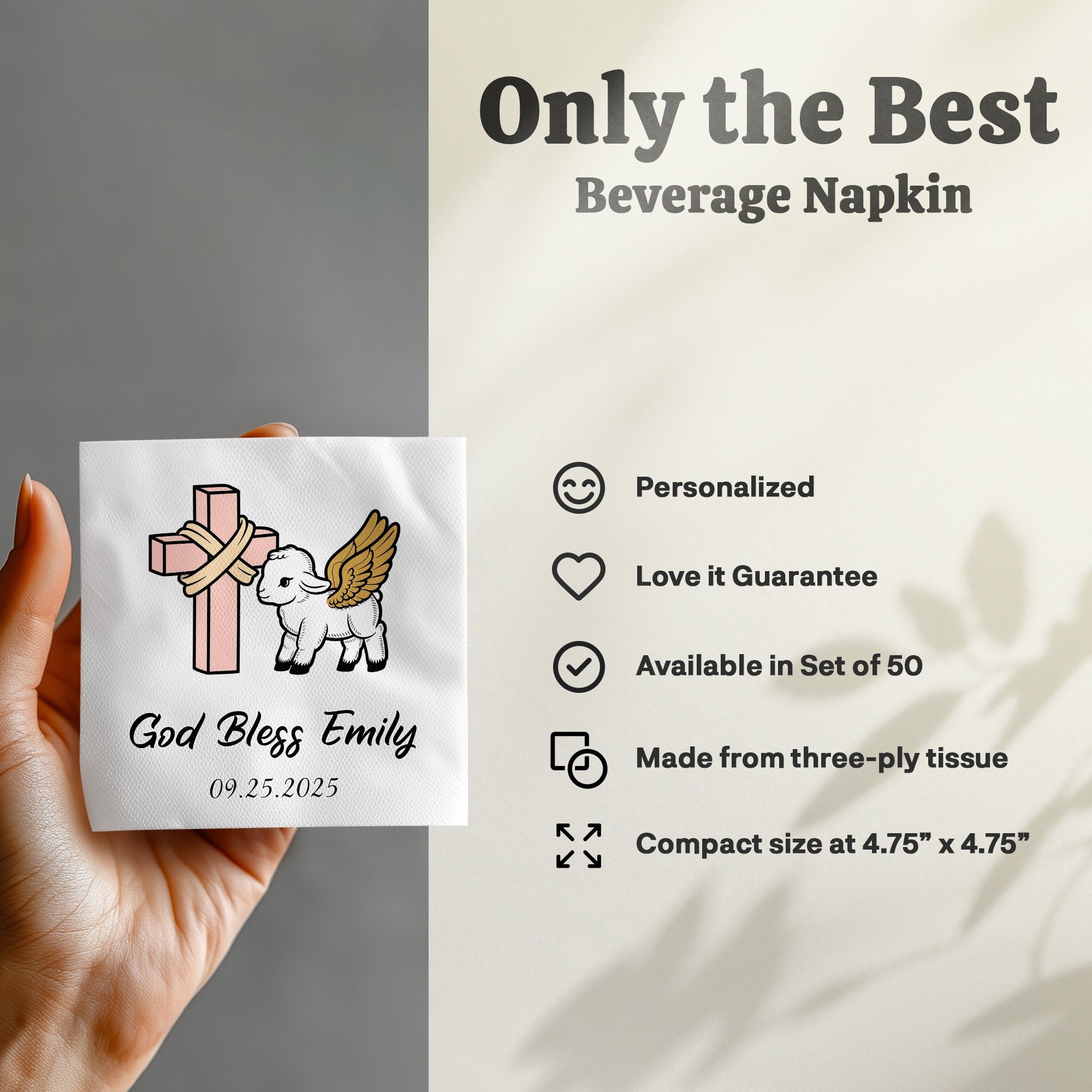 Beverage napkin with pink cross, lamb, and "God Bless Emily 09.25.2025".