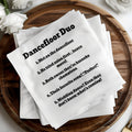Dancefloor Duo wedding napkins with five humorous lines about the couple's journey.