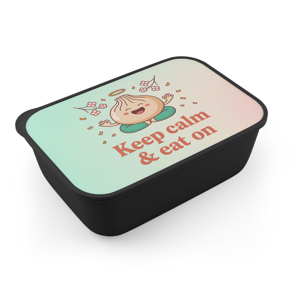 Black lunchbox with a cartoon halo-wearing dumpling and "Keep calm & eat on" text.