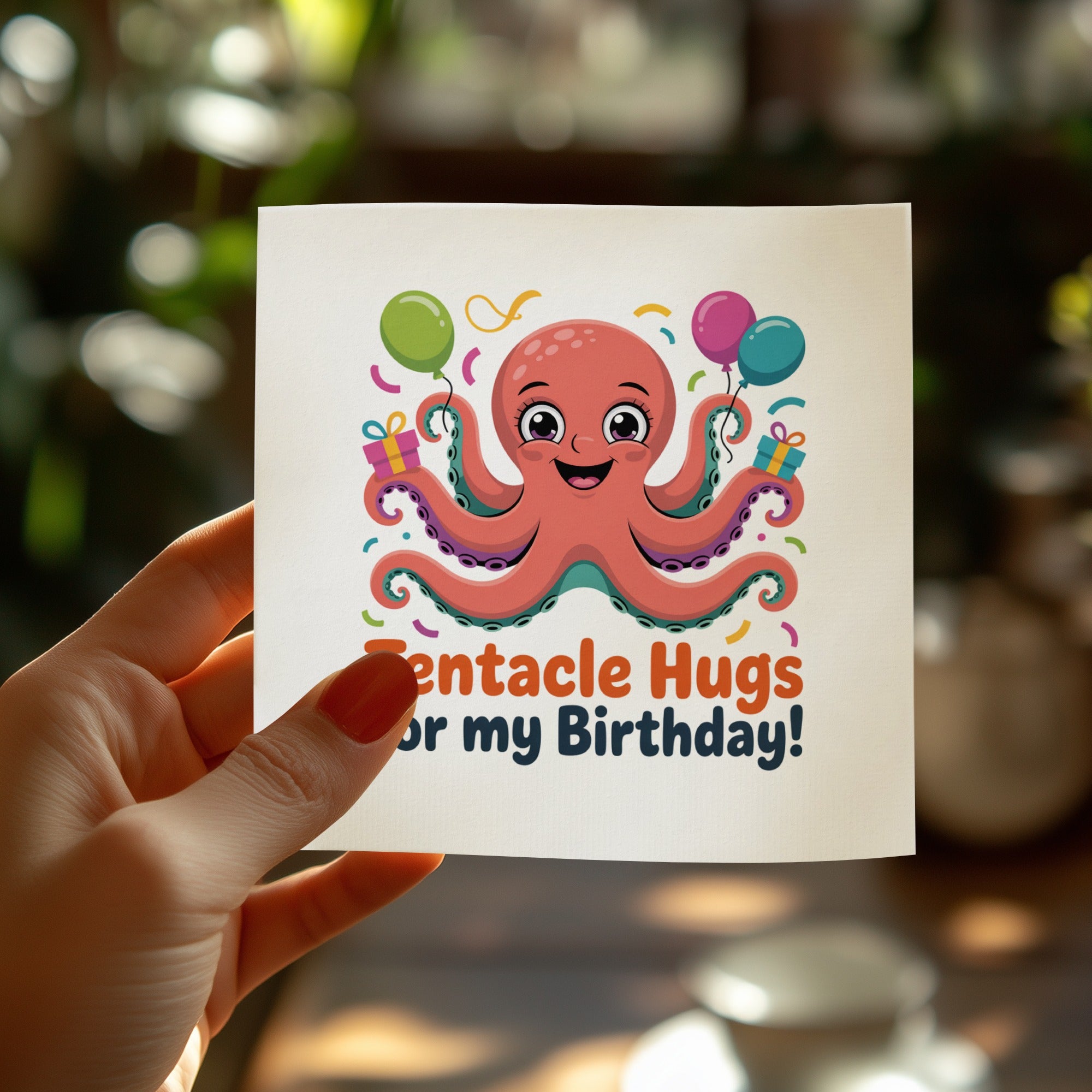 Illustration of a happy pink octopus with balloons and gifts, saying "Tentacle Hugs for my Birthday!".