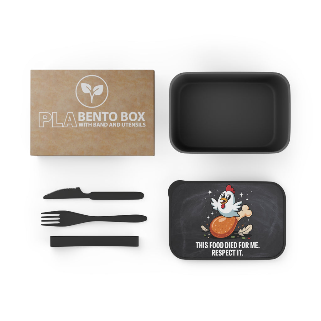 PLA bento box with black utensils and humorous chicken lid.
