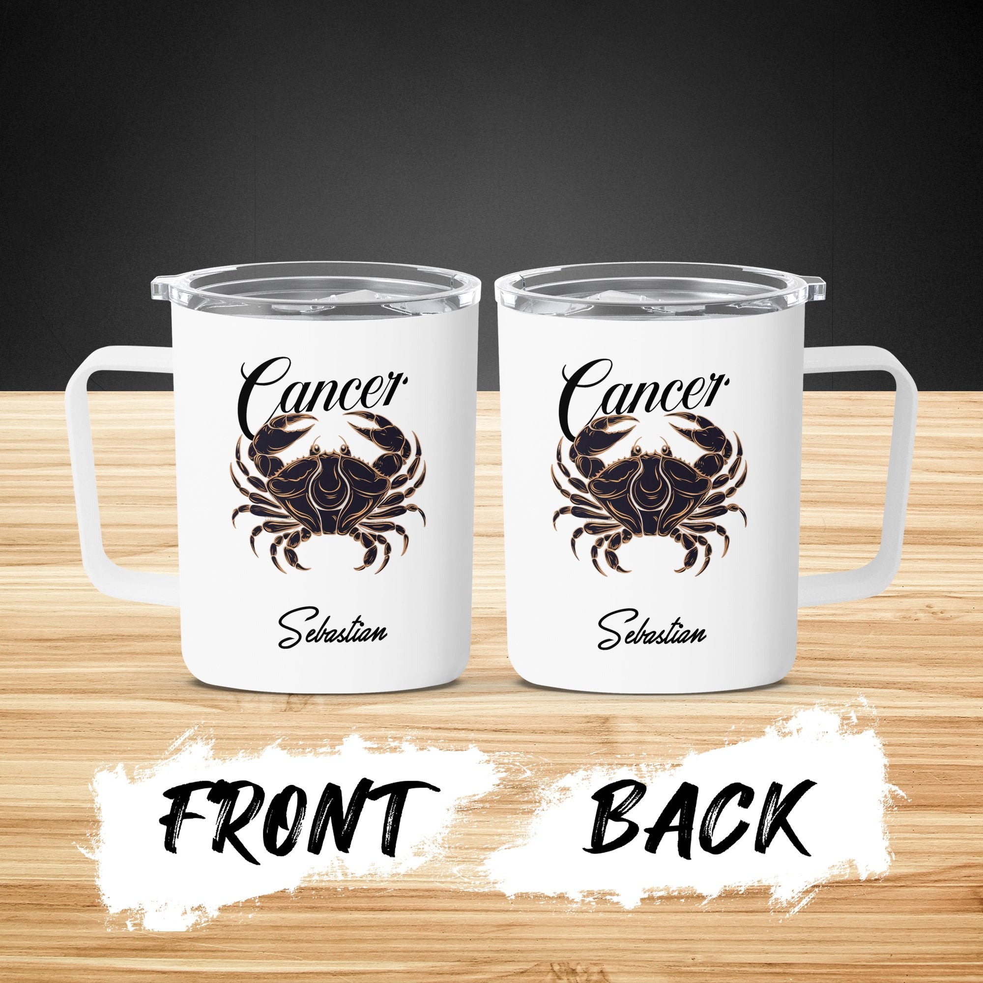 Two white travel mugs with Cancer zodiac symbol and "Sebastian" text.